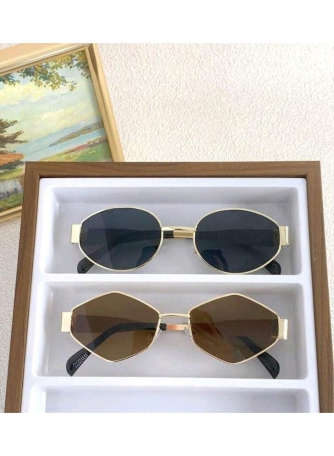 شي إن زوجان من النظارات الشمسية العصرية الصيفية بتصميم هندسي بيضاوي الشكل Y2K، إطار معدني عتيق للجنسين، مناسب - Image 1