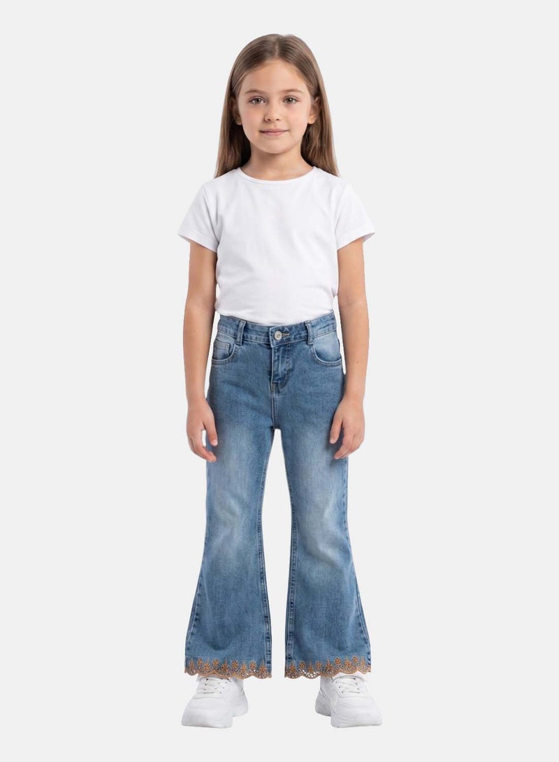 FOREVER 21 Girls' Flare Leg Jeans with Embroidered Scalloped Hem - Image 1