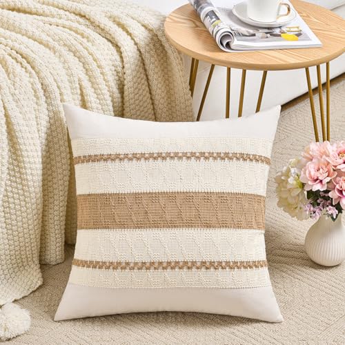 Fancy Homi Set of 2 Boho Neutral Decorative Throw Pillow Cover 16x16 Inch for Couch Bed Sofa Aesthetic Modern Organic Farmhouse Home Decor Soft Cotton Cute Accent Macrame Woven Tan Cushion Case - Image 3