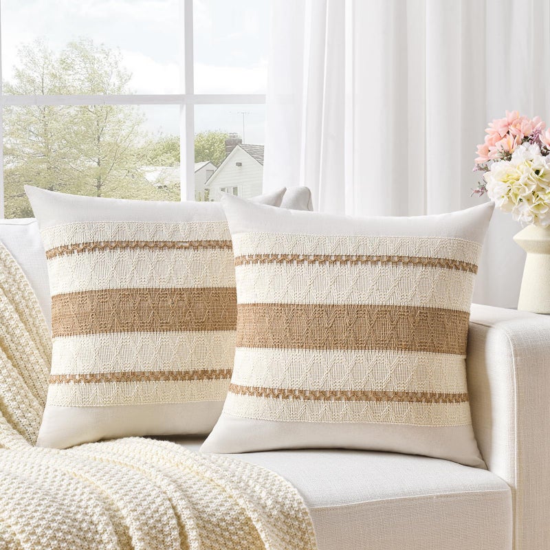 Fancy Homi Set of 2 Boho Neutral Decorative Throw Pillow Cover 16x16 Inch for Couch Bed Sofa Aesthetic Modern Organic Farmhouse Home Decor Soft Cotton Cute Accent Macrame Woven Tan Cushion Case - Image 2