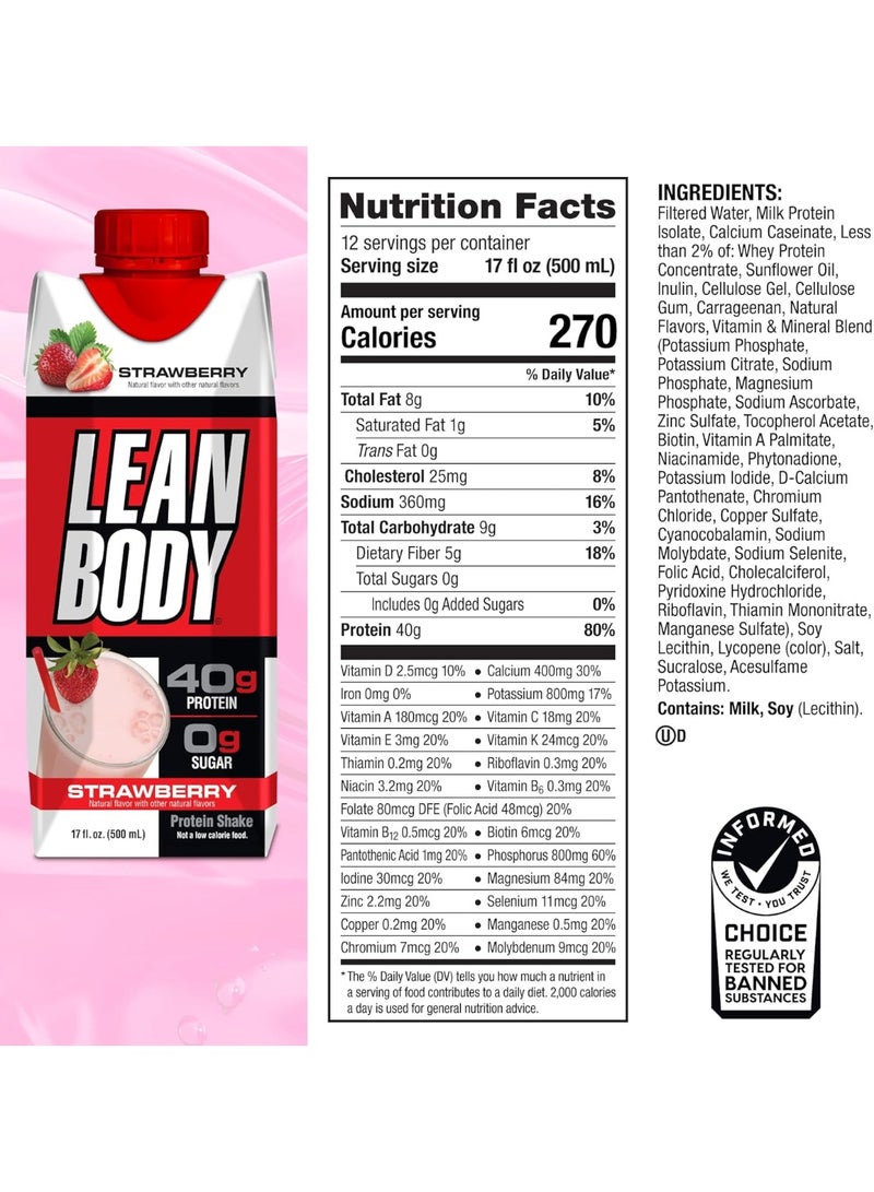 Labrada Lean Body Ready To Drink Protein Shake- Strawberry, 40g Protein, 0 Sugar. 500ml, Box of 12 pcs - Image 2