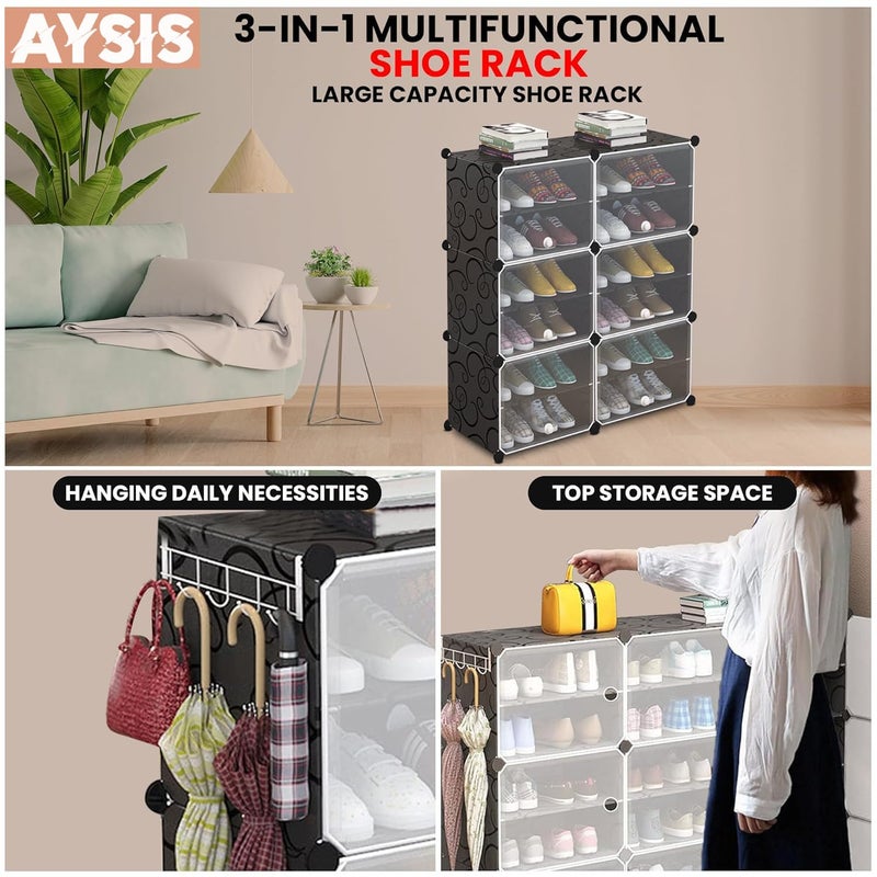 AYSIS Upgraded Shoe Rack for Home Plastic, Portable Shoe Rack with Dustproof Door for Heels/Slippers/Boots, 12-Layer Shoe Storage Cabinet with Hooks for Entryway or Bedroom - Grey - Image 3