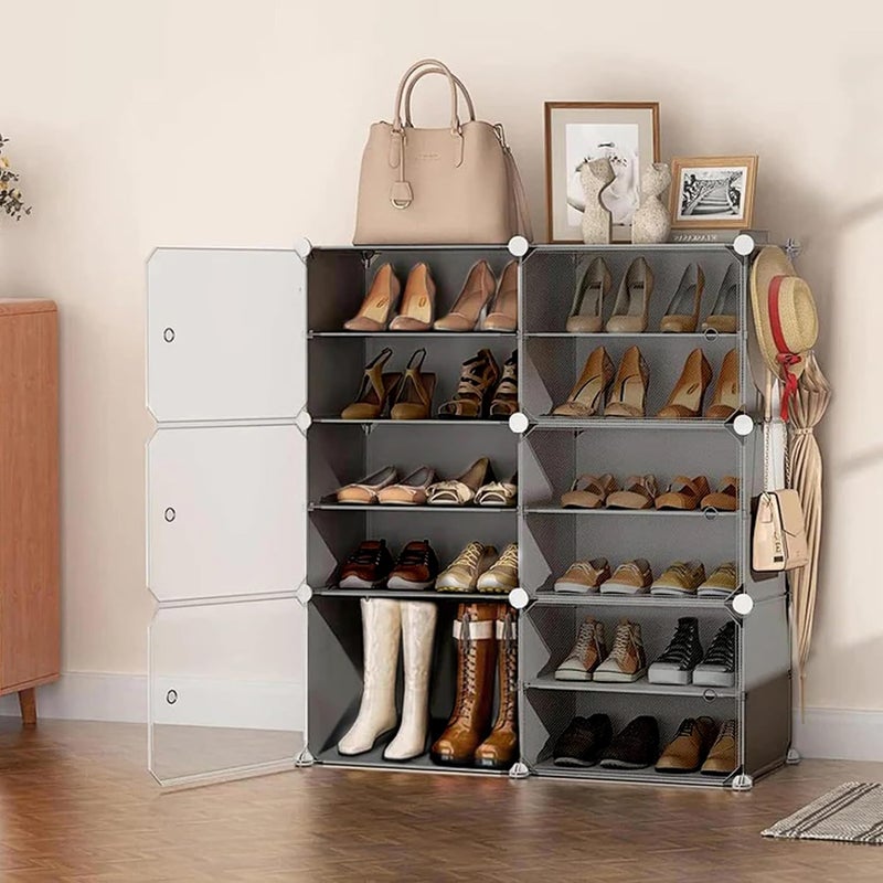 AYSIS Upgraded Shoe Rack for Home Plastic, Portable Shoe Rack with Dustproof Door for Heels/Slippers/Boots, 12-Layer Shoe Storage Cabinet with Hooks for Entryway or Bedroom - Grey - Image 1