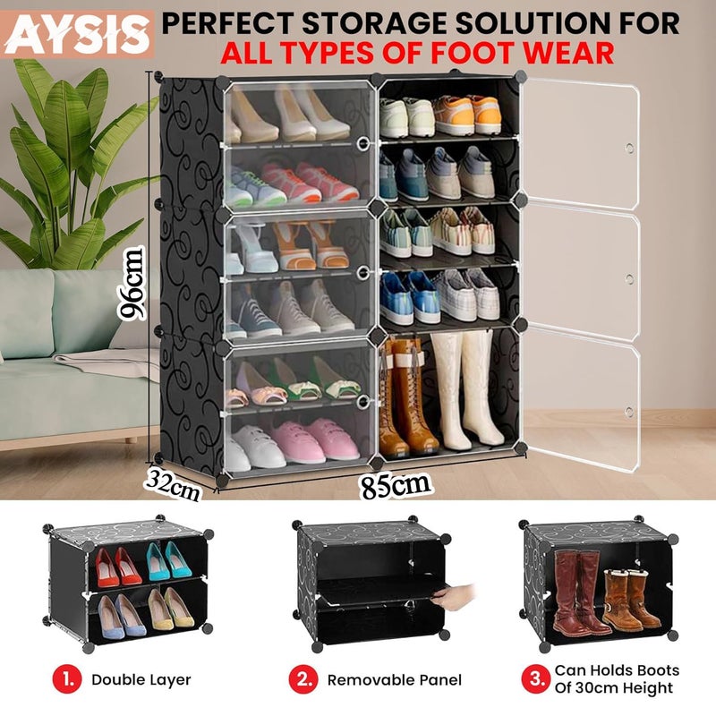 AYSIS Upgraded Shoe Rack for Home Plastic, Portable Shoe Rack with Dustproof Door for Heels/Slippers/Boots, 12-Layer Shoe Storage Cabinet with Hooks for Entryway or Bedroom - Grey - Image 2