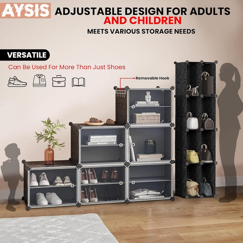 AYSIS Upgraded Shoe Rack for Home Plastic, Portable Shoe Rack with Dustproof Door for Heels/Slippers/Boots, 12-Layer Shoe Storage Cabinet with Hooks for Entryway or Bedroom - Grey - Image 4
