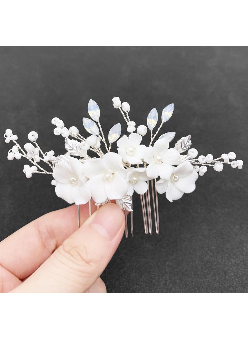 BETITETO BETITETO White Flower Side Comb for Hair Bridal Wedding Crystal Pearl Leaf Ceramic Floral Hair Accessories for Women Girls 