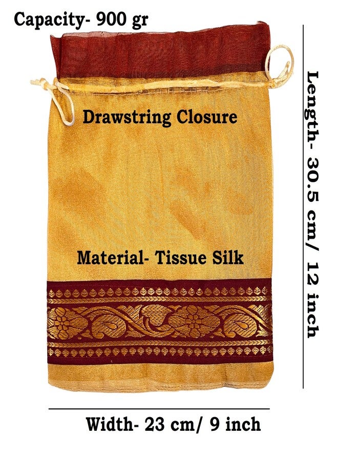 Krisah 10pcs 30.5 X 23 cm Luxury Tissue Silk Golden with Maroon Brocade Border Potli Pouches for Jewellery/Gift Packing - Image 2
