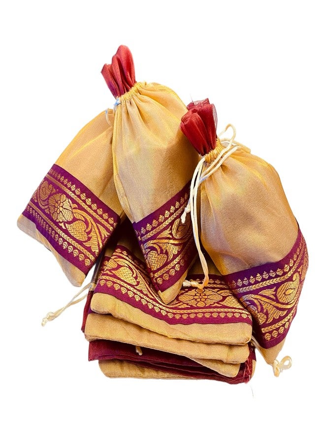 Krisah 10pcs 30.5 X 23 cm Luxury Tissue Silk Golden with Maroon Brocade Border Potli Pouches for Jewellery/Gift Packing - Image 1