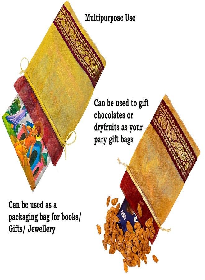 Krisah 10pcs 30.5 X 23 cm Luxury Tissue Silk Golden with Maroon Brocade Border Potli Pouches for Jewellery/Gift Packing - Image 3