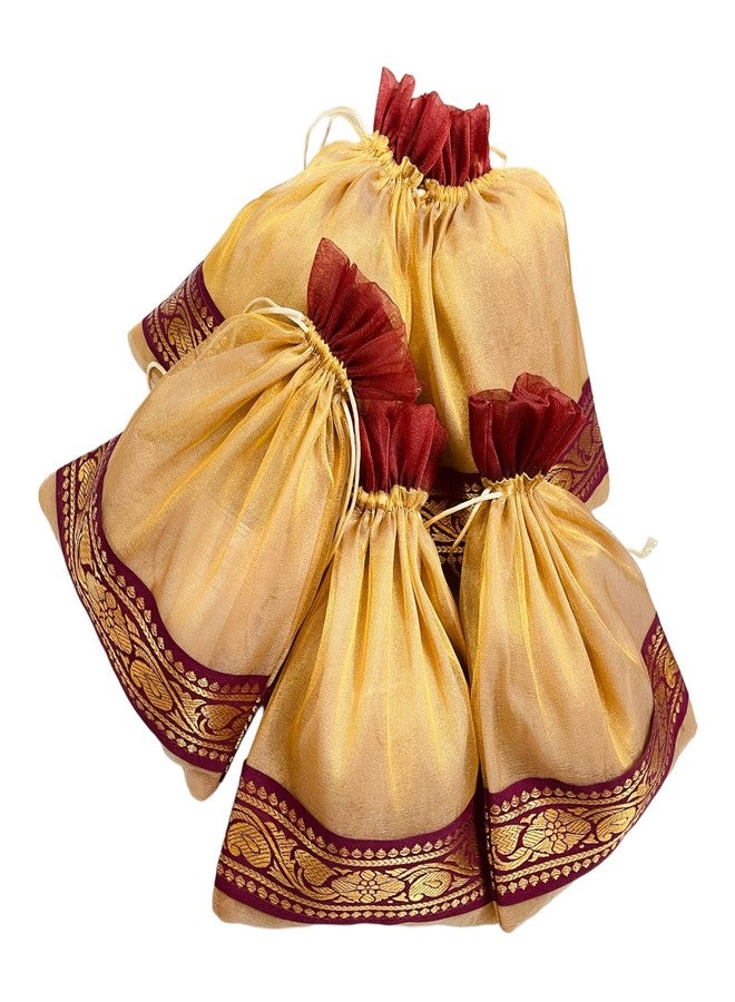 Krisah 10pcs 30.5 X 23 cm Luxury Tissue Silk Golden with Maroon Brocade Border Potli Pouches for Jewellery/Gift Packing - Image 5