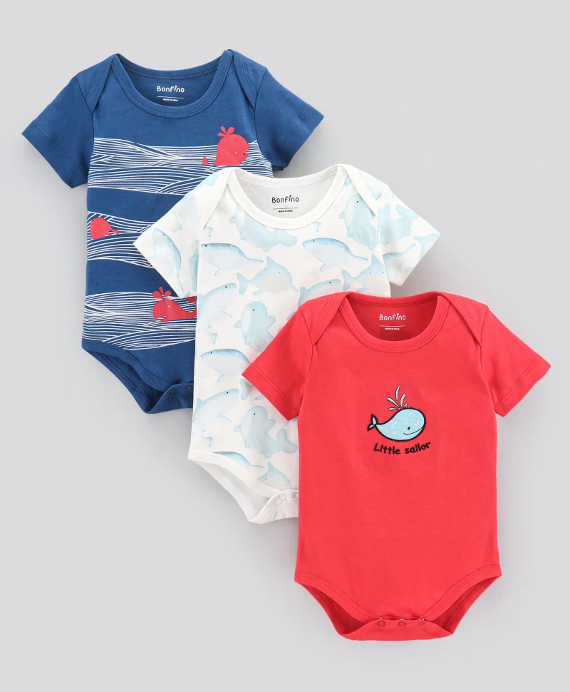 Bonfino Bonfino Half Sleeves Onesies Printed Pack of 3 - Multicolor