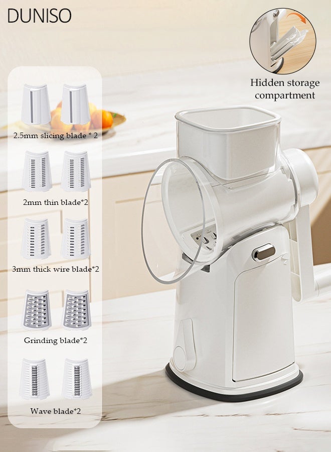 DUNISO Manual Rotating Vegetable Slicer，5 Groups Blades, A Total of 10 Blades,  White Multi-functional Kitchen Grater, Handheld potato, Carrot and Cheese Slicer，with Bonus Storage Box for Blades - Image 1