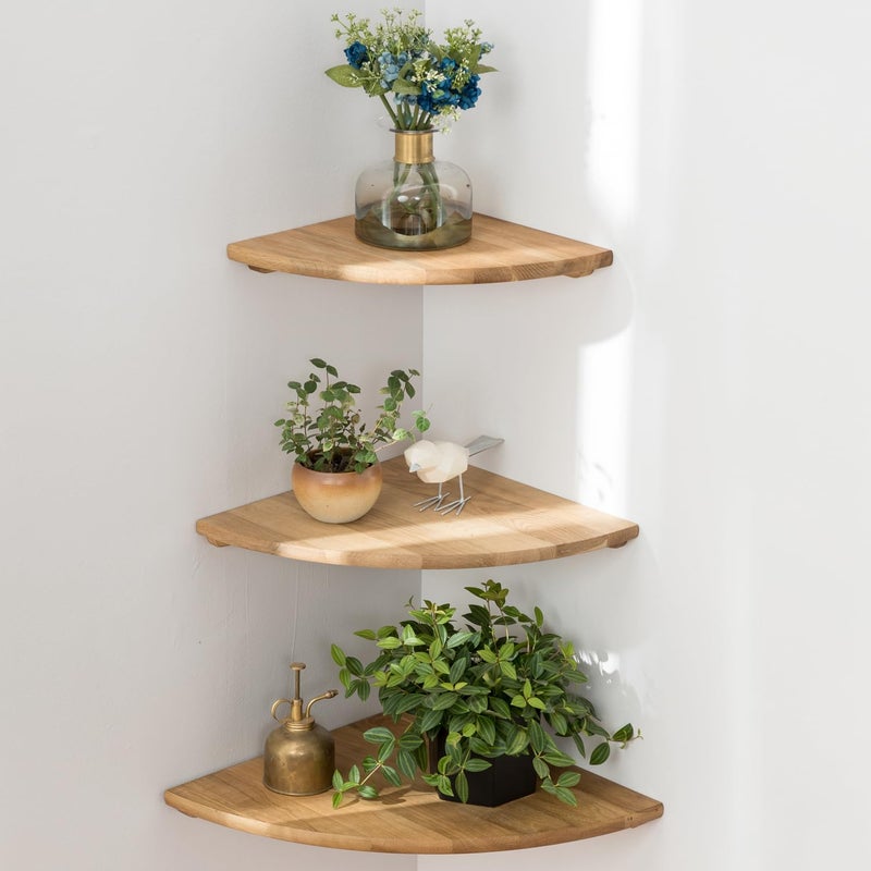 Conamily Corner Shelves, Floating Corner Shelf, Set of 3 Solid Oak Wood Corner Wall Shelves, Round End with Wire Hole Shelving for Small Plant for Bedroom Kitchen, Living Room (Size 9/10/12in) - Image 1
