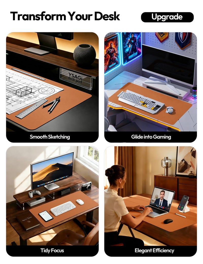 YSAGi Leather Desk Pad Protector, Office Desk Mat, Large Mouse Pad, Non-Slip PU Leather Desk Blotter, Laptop Desk Pad, Waterproof Desk Writing Pad for Office and Home (Brown, 31.5" x 15.8") - Image 2