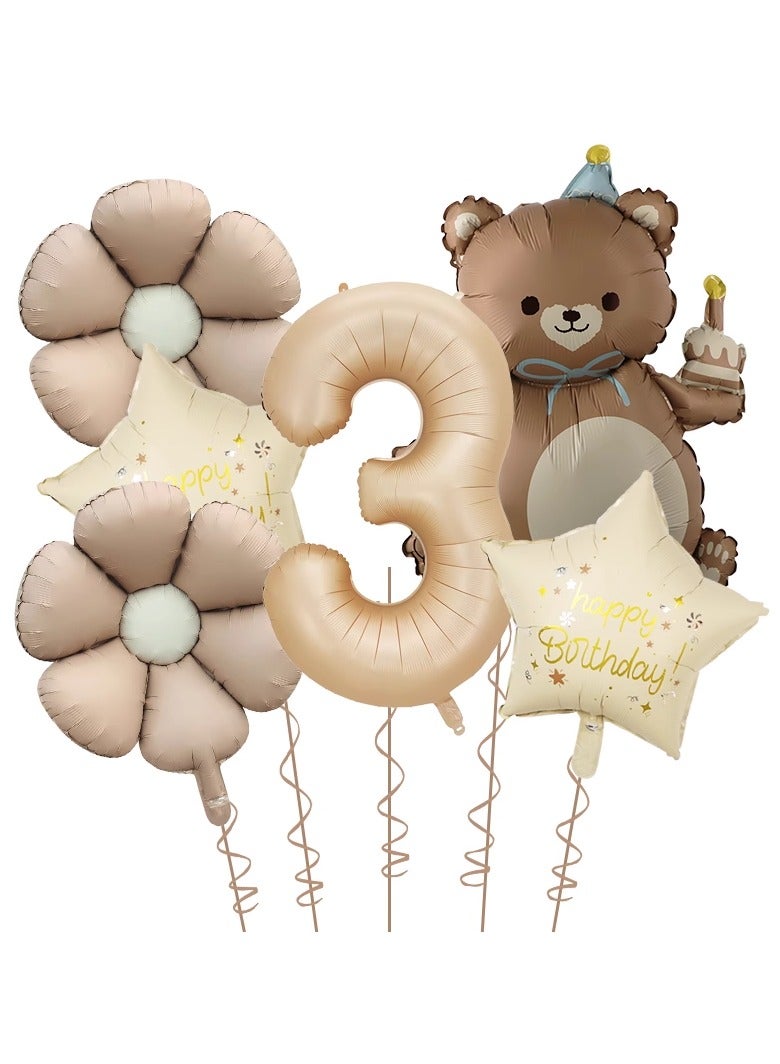 Party 3st Birthday Party Decoration Supplies 40 Inch Matte Caramel Color Digital Bear Daisy Flower Aluminum Film Balloon Set
