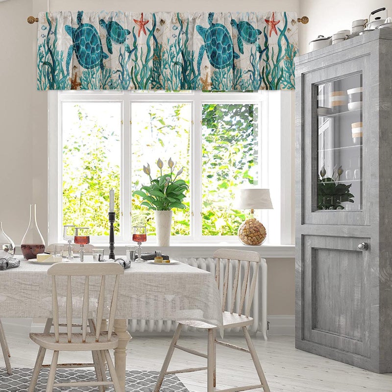 Emvency Emvency 2 Pack Valances Window Treatments Summer Ocean Turtle Sea Vintage Blue Blackout Drapes Adjustable Curtain Valances for Windows Living Room Kitchen Over Sink  18x52 Inch Rod Pocket Valances - Image 4