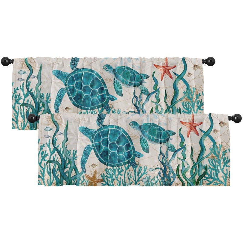 Emvency Emvency 2 Pack Valances Window Treatments Summer Ocean Turtle Sea Vintage Blue Blackout Drapes Adjustable Curtain Valances for Windows Living Room Kitchen Over Sink  18x52 Inch Rod Pocket Valances - Image 1
