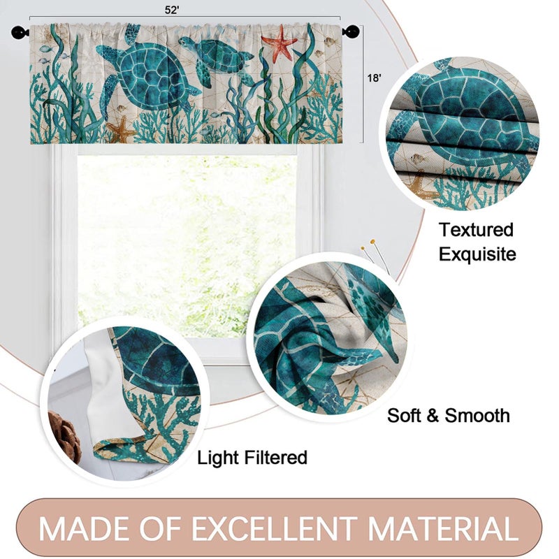 Emvency Emvency 2 Pack Valances Window Treatments Summer Ocean Turtle Sea Vintage Blue Blackout Drapes Adjustable Curtain Valances for Windows Living Room Kitchen Over Sink  18x52 Inch Rod Pocket Valances - Image 2
