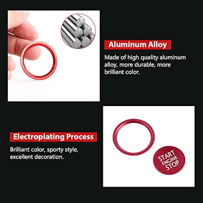 LECART 2Pcs Red Car Engine Start Stop Button Cover Ring Ignition Start Stop Button Trim Push Button Switch Decor Sticker Aluminum Alloy Auto Interior Accessories Compatible For Audi A4 A5 A6 A7 A8 Q5 - Image 4