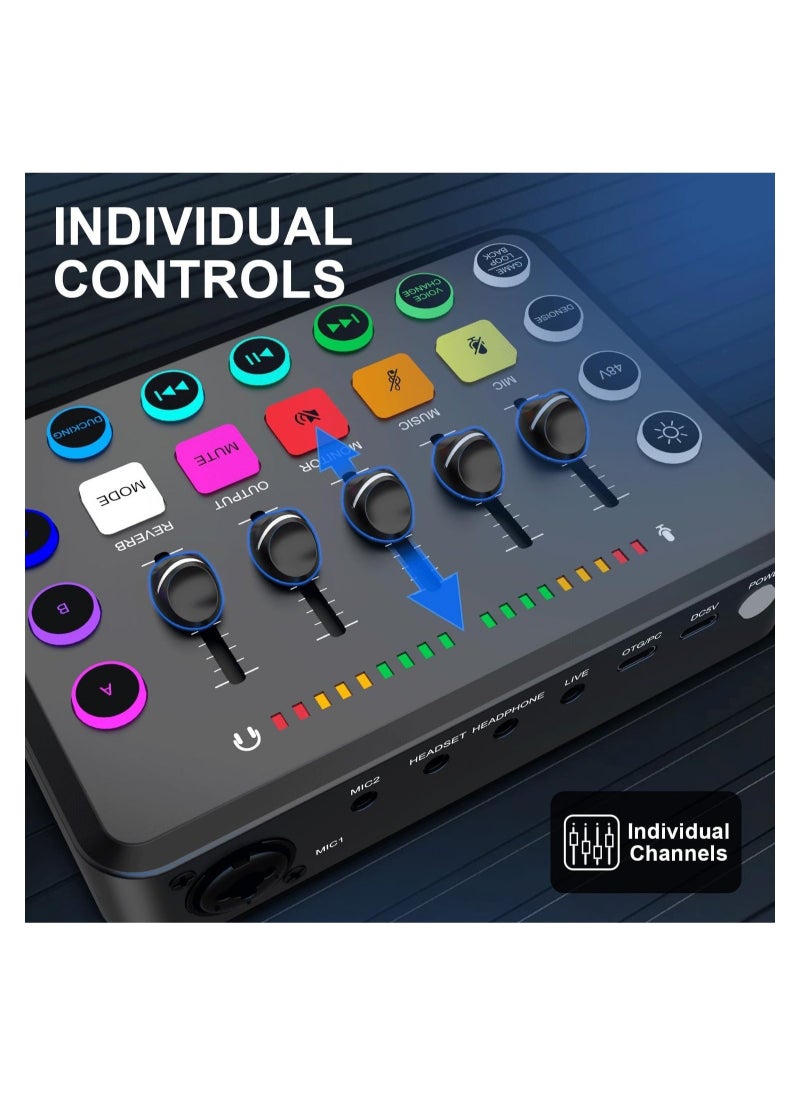 Captaintech Gaming Audio Mixer, Streaming RGB PC Mixer with XLR Microphone Interface, Individual Control Volume Fader/Mute Button/48V Phantom Power for Podcast/Recording/Vocal/Game Voice, PC, Guitar, F11  - Image 2