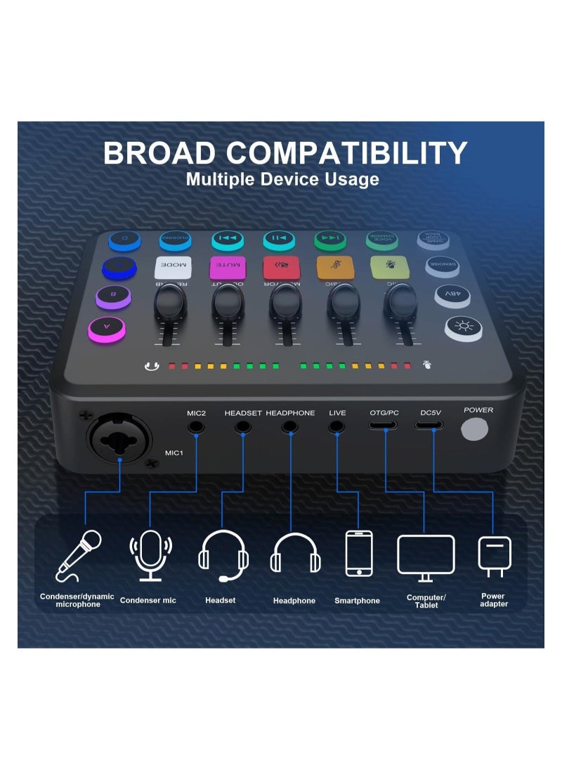 Captaintech Gaming Audio Mixer, Streaming RGB PC Mixer with XLR Microphone Interface, Individual Control Volume Fader/Mute Button/48V Phantom Power for Podcast/Recording/Vocal/Game Voice, PC, Guitar, F11  - Image 5
