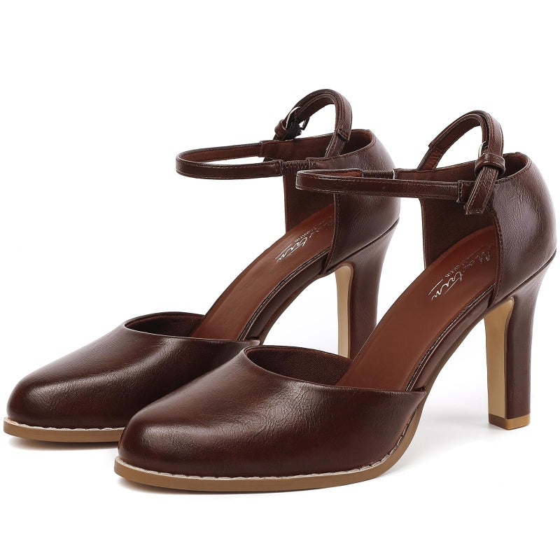 Mostrin Dark Brown Closed Toe Chunky High Heels Comfortable Dress Shoes for Women Pumps Vintage Heels Dressy Wedding Party Formal Office Business D'Orsay Pumps Shoes Size 8 - Image 1
