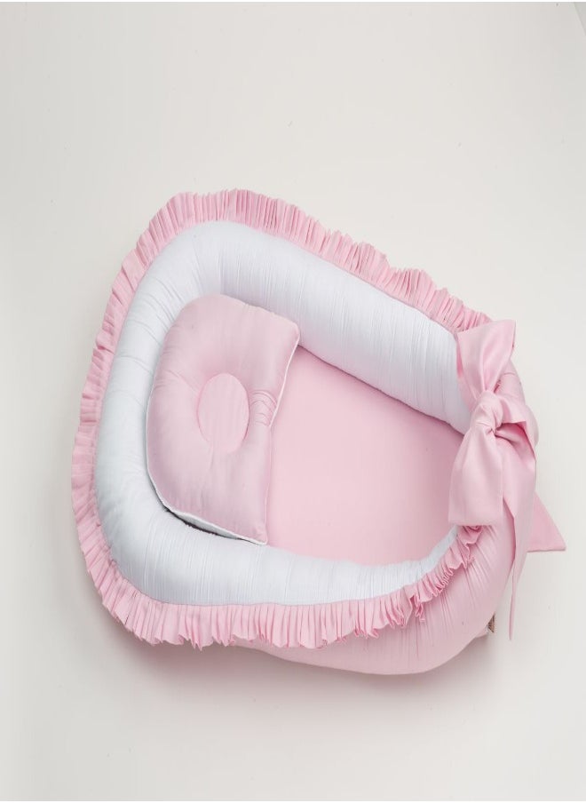 Monnet Baby - Pink Teddy Portable Newborn Baby Nest with Pillow, Co-Sleeping Crib Bed Comfortable Adjustable, Soft and Breathable, Safe Sleeping Environment, Baby Shower Gift, Lightweight, Easy to Clean - Image 1