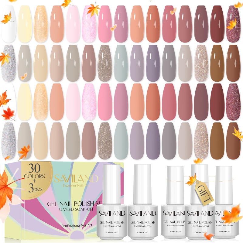 SAVILAND Nail Polish Gel Set: 30 Colors Soak-off Gel Polish Set with Base & Glossy Matte Top Gel French Winter Manicure Nail Art Starter Set for Salon Home & Nice Gifts - Image 1