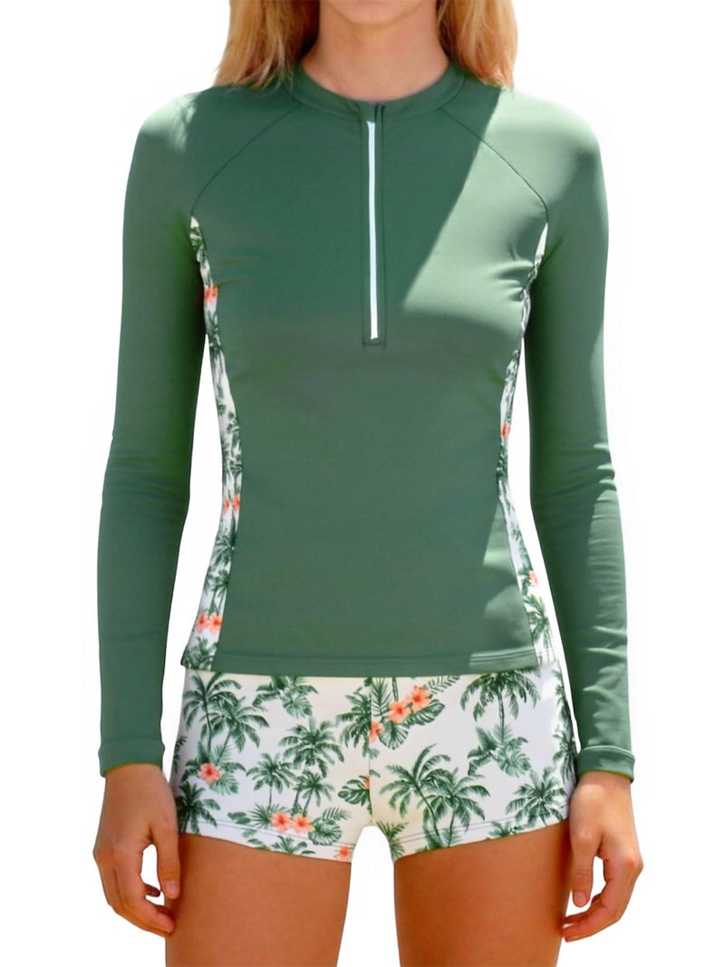 TUONROAD Teen Girls Swimsuit Size 14-16 Green Hawaii Long Sleeve Half-Zip Swim Rash Guard Bathing Suits for Girls 2pc UPF 50+ Padded Swimwear Sets with Cover Shorts - Image 1