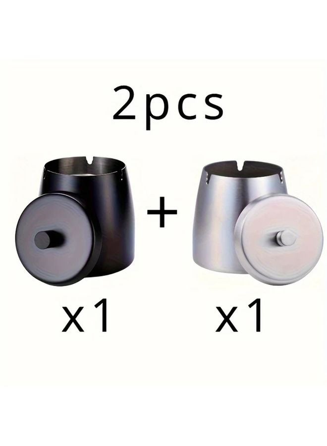 2 PCS Black Smokeless Stainless Steel Ashtray with Lid for Home Office Outdoor Use - Image 1