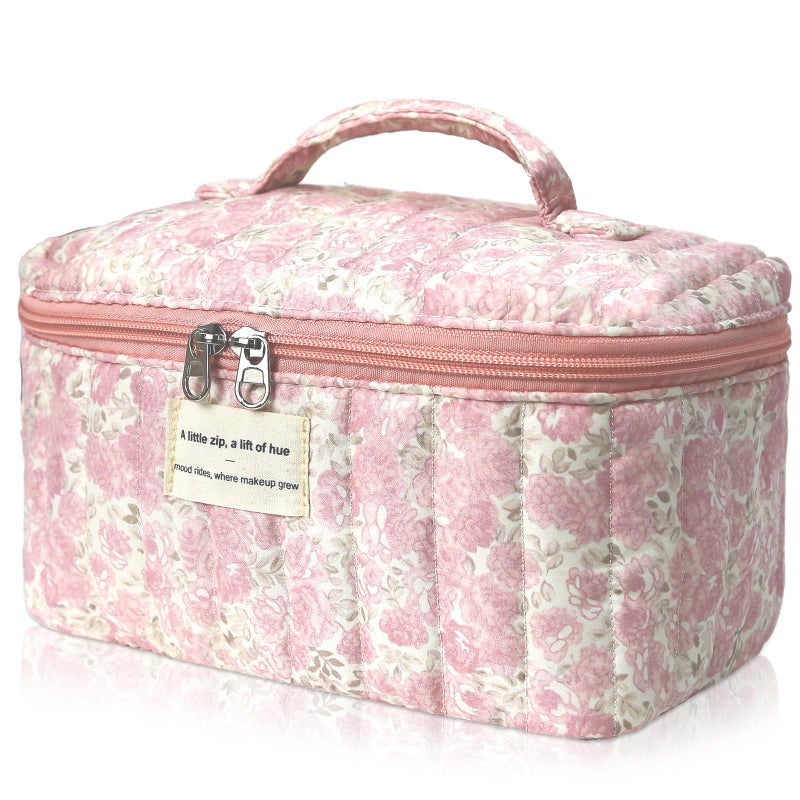 Gosect Large Makeup Bag, Cute Cosmetic Bag for Women Girls, Floral Coquette Aesthetic Toiletry Bag, Travel Make Up Organizer Bag (Crushed Flower) - Image 1