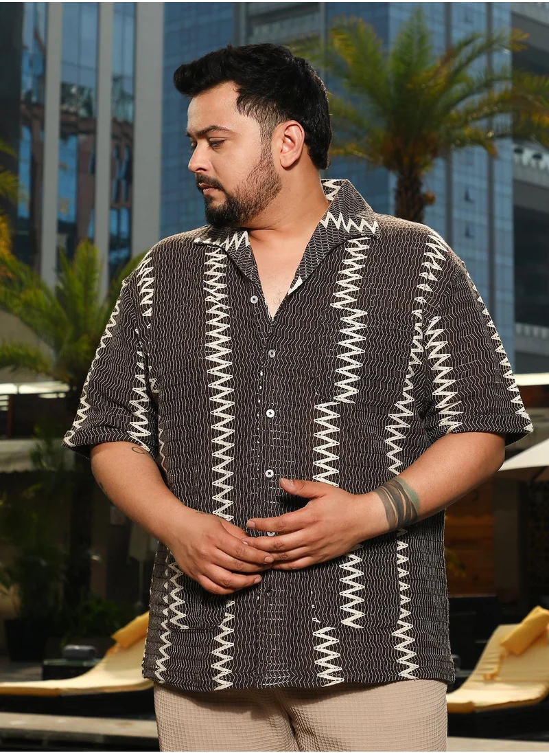 انستافاب بلس Instafab Plus Men's Chocolate Brown Ziggy-Weave Relaxed Shirt For Casual Wear | Spread Collar | Short Regular Sleeves | Button Closure | Plus Size Shirt Crafted With Comfort Fit For Everyday Wear