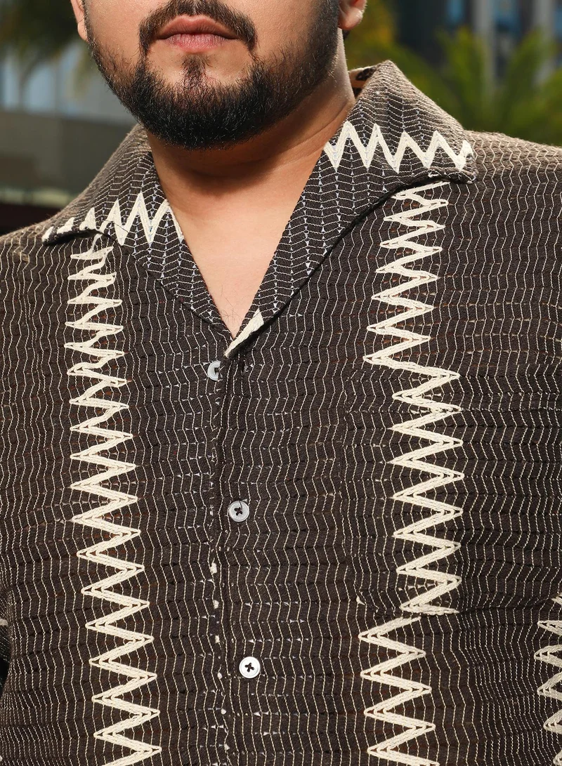 Instafab Plus Instafab Plus Men's Chocolate Brown Ziggy-Weave Relaxed Shirt For Casual Wear | Spread Collar | Short Regular Sleeves | Button Closure | Plus Size Shirt Crafted With Comfort Fit For Everyday Wear
