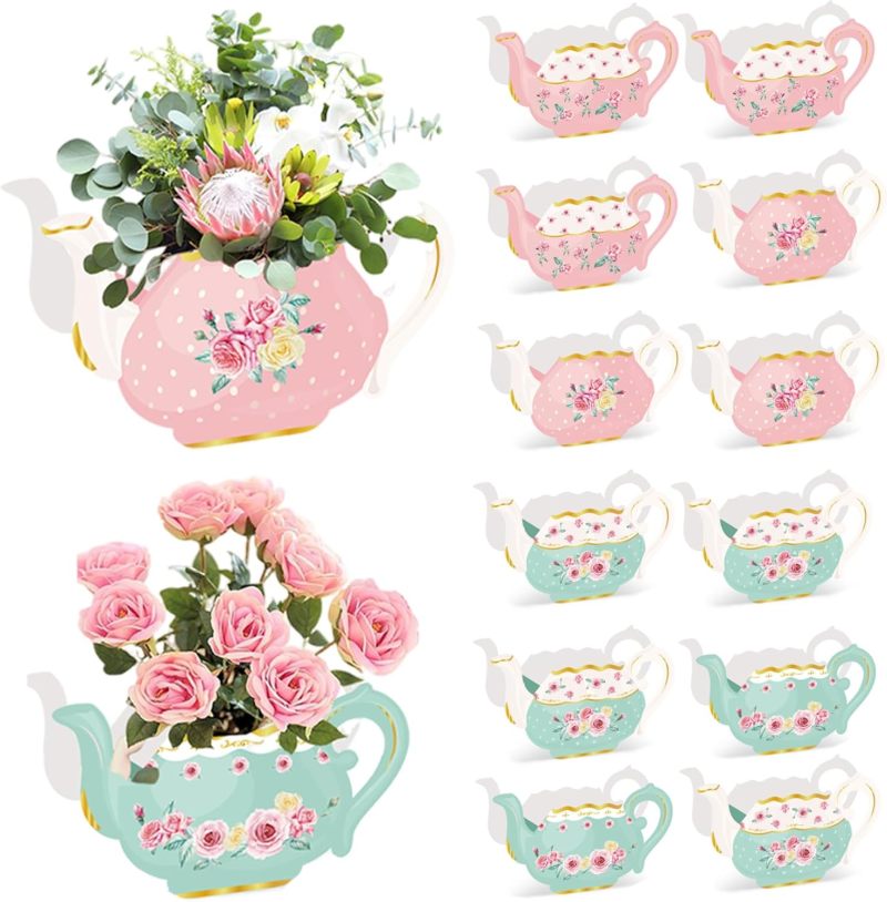 Tea Party Centerpieces: Pink + Green Cardboard Teapot Vase - Tea Party Decor for Tea Party Tabletop Use - Image 5