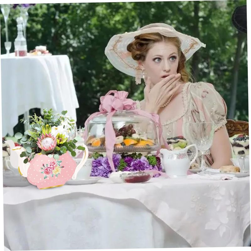 Tea Party Centerpieces: Pink + Green Cardboard Teapot Vase - Tea Party Decor for Tea Party Tabletop Use - Image 4
