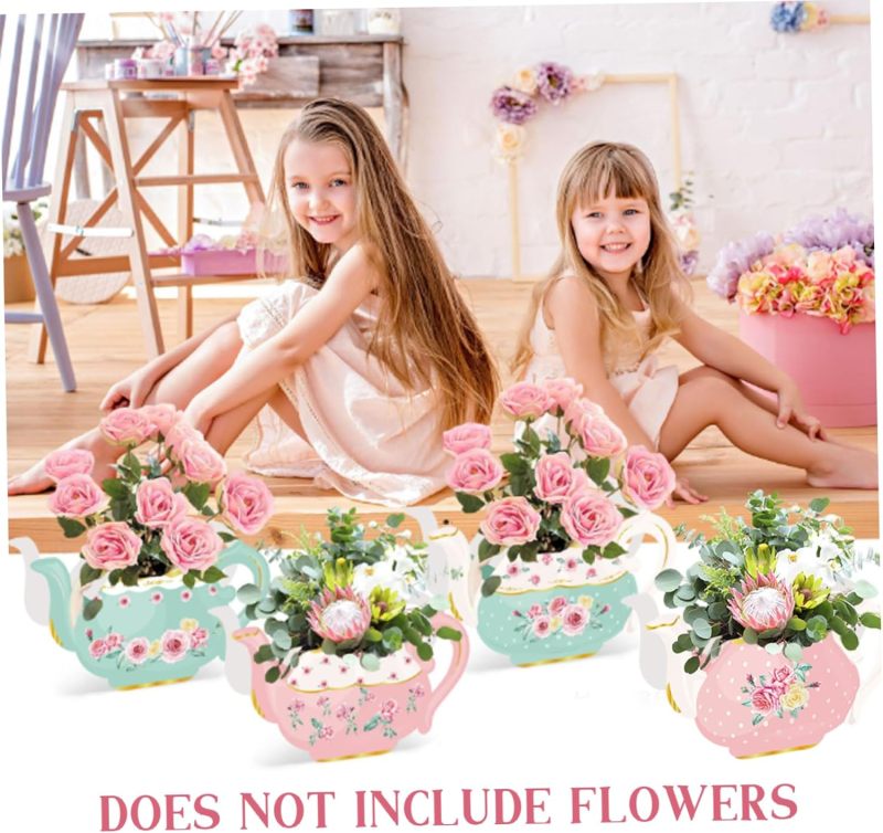 Tea Party Centerpieces: Pink + Green Cardboard Teapot Vase - Tea Party Decor for Tea Party Tabletop Use - Image 2
