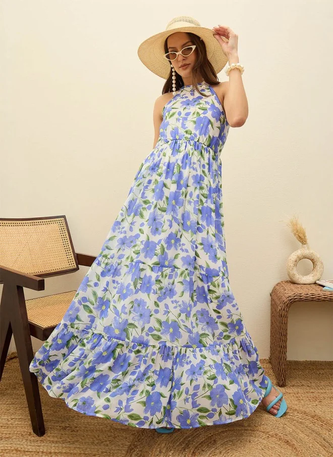 SASSAFRAS Floral Printed Halter Neck Maxi Dress for Women