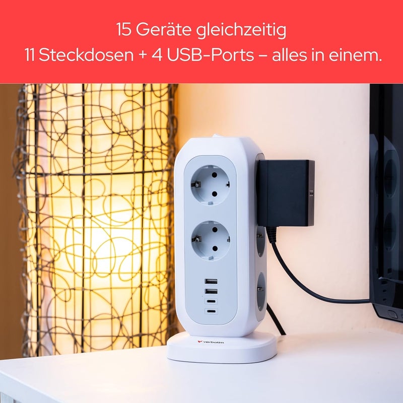 VERBATIM EU Socket Tower 15-in-1, Multiple Socket with 11 Euro Sockets, 2 USB-C and 2 USB-A Ports, Multi Socket with Switch and 2 m Extension Cable, Max 3600 W - Image 5