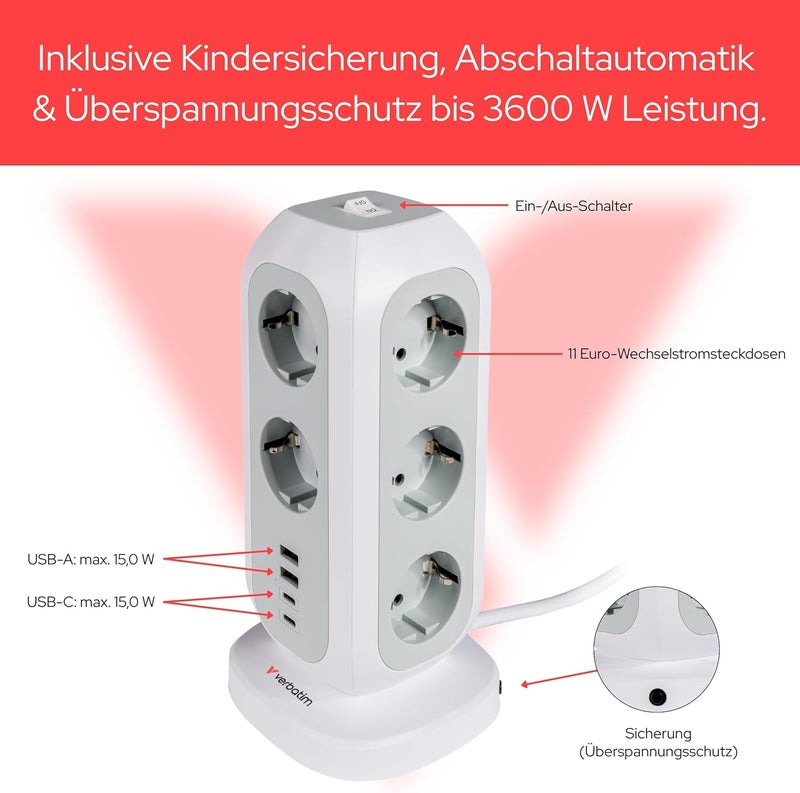 VERBATIM EU Socket Tower 15-in-1, Multiple Socket with 11 Euro Sockets, 2 USB-C and 2 USB-A Ports, Multi Socket with Switch and 2 m Extension Cable, Max 3600 W - Image 3