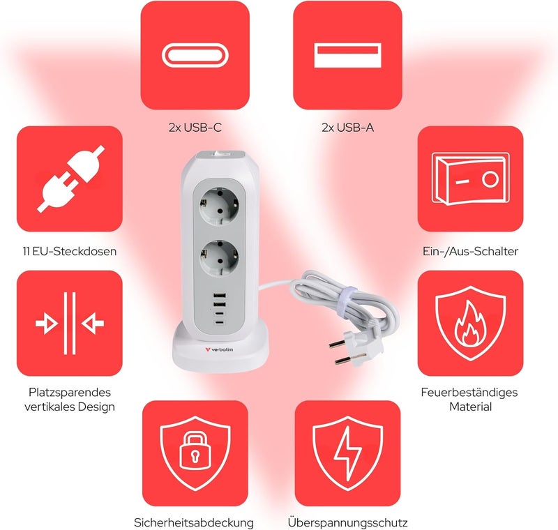 VERBATIM EU Socket Tower 15-in-1, Multiple Socket with 11 Euro Sockets, 2 USB-C and 2 USB-A Ports, Multi Socket with Switch and 2 m Extension Cable, Max 3600 W - Image 2
