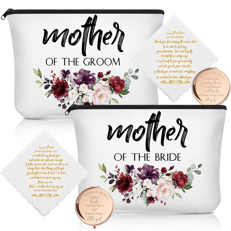 Coume 6 Pack Mother of the Groom Mother of the Bride Cosmetic Flowers Bag Wedding Gifts Mother of Bride and Groom Makeup Mirror Mom Handkerchief for Mother and Mom in Law for Engagement Favor