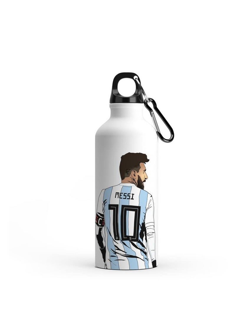 Story Of Candle Aluminum Water Bottle, Football Drinking Bottle with Lionel Messi Design Print in White - Image 1