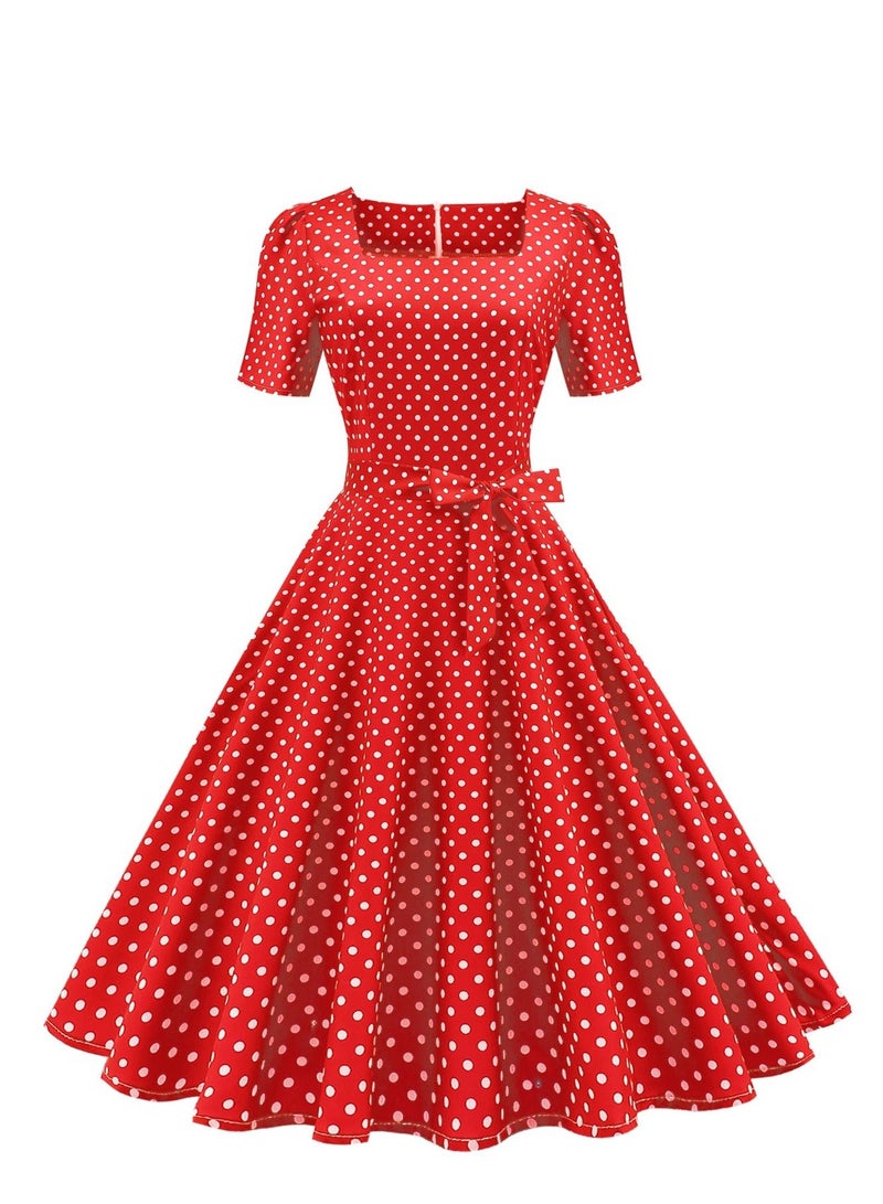 Loquat Wave Dot Print Waist Wrap Dress Red  - Image 1