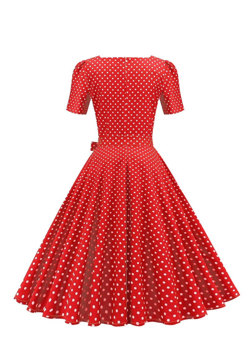 Loquat Wave Dot Print Waist Wrap Dress Red  - Image 3