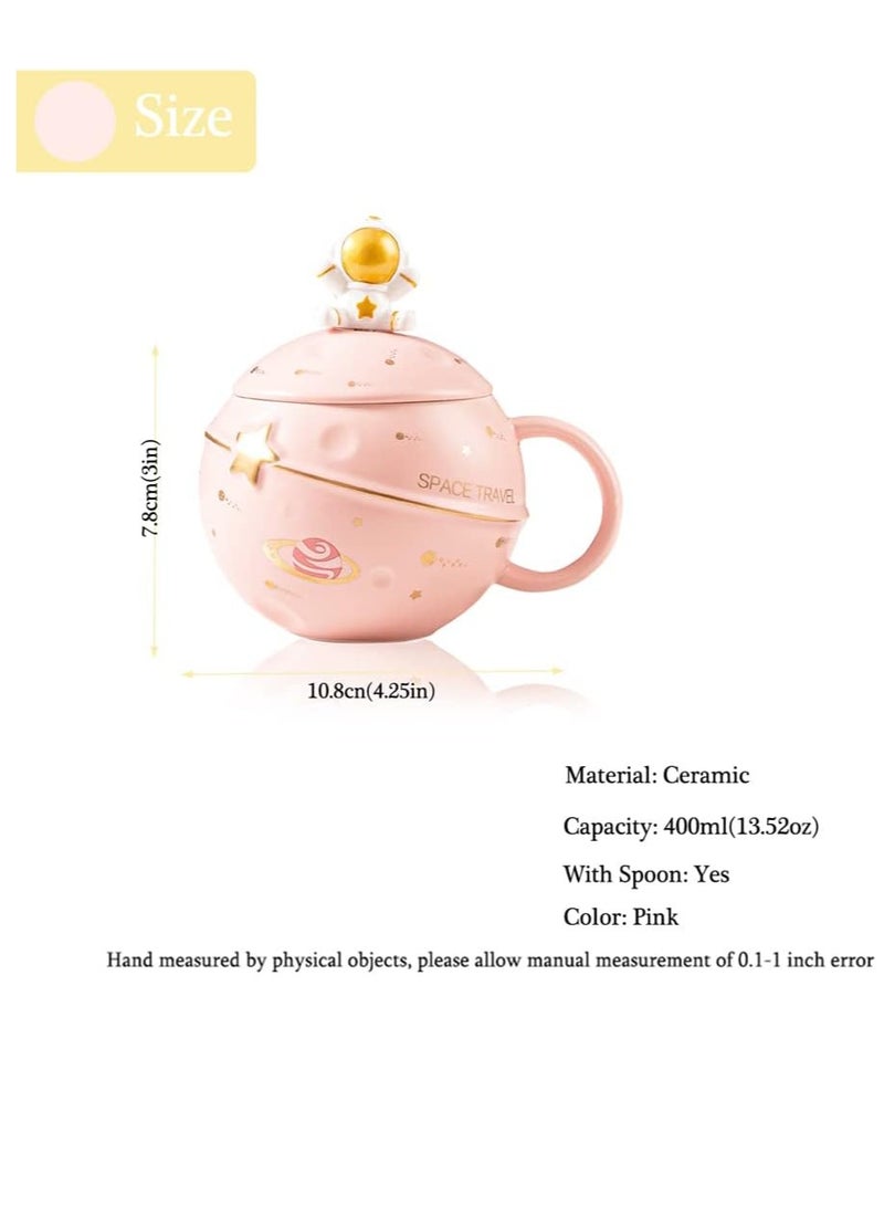 Bluejw كوب رائد الفضاء كوب كوكب منقوش بمساحة 13.52 أونصة أكواب قهوة من السيراميك مع غطاء وملعقة علبة هدايا لطيفة كوب قهوة من السيراميك هدية فريدة لعيد الميلاد للفتيات والصبيان والنساء والرجال (وردي) - Image 3