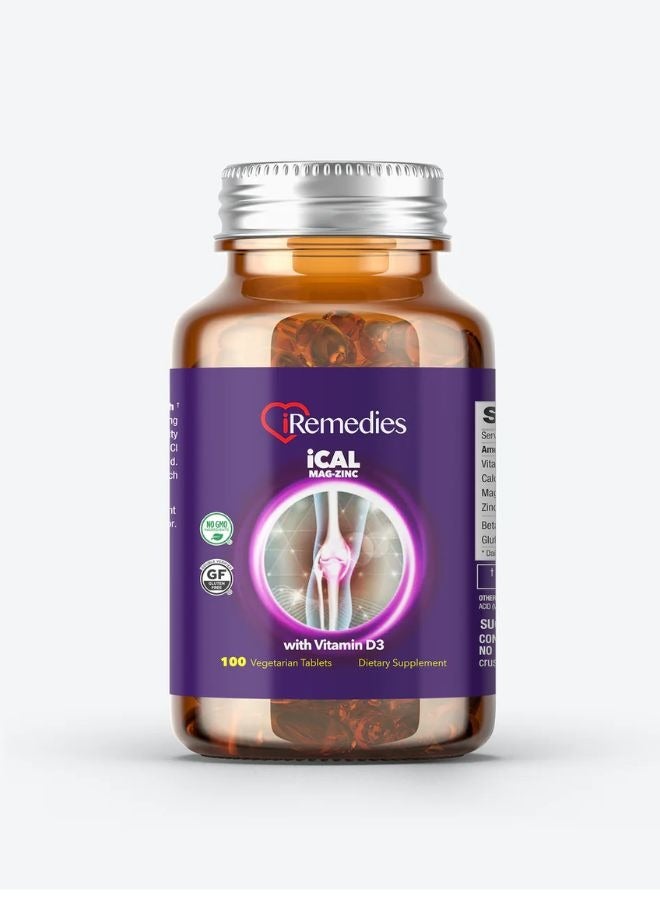 iRemedies iCal-Mag-Zinc with Vitamin D3 – Bone Health Supplement for Strong Bones and Teeth – 100 Tablets