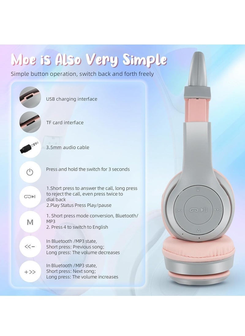 Gravity Kids Bluetooth Cat Ear Headphones with LED Lights – Over-Ear Wireless Headset with Mic, Foldable Design, TF Card & Wired Support, Adjustable Fit – Fun Gift for Girls & Boys 7+ – Grey  - Image 4