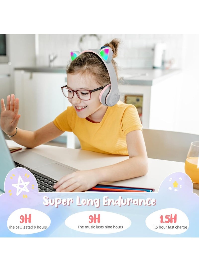 Gravity Kids Bluetooth Cat Ear Headphones with LED Lights – Over-Ear Wireless Headset with Mic, Foldable Design, TF Card & Wired Support, Adjustable Fit – Fun Gift for Girls & Boys 7+ – Grey  - Image 3