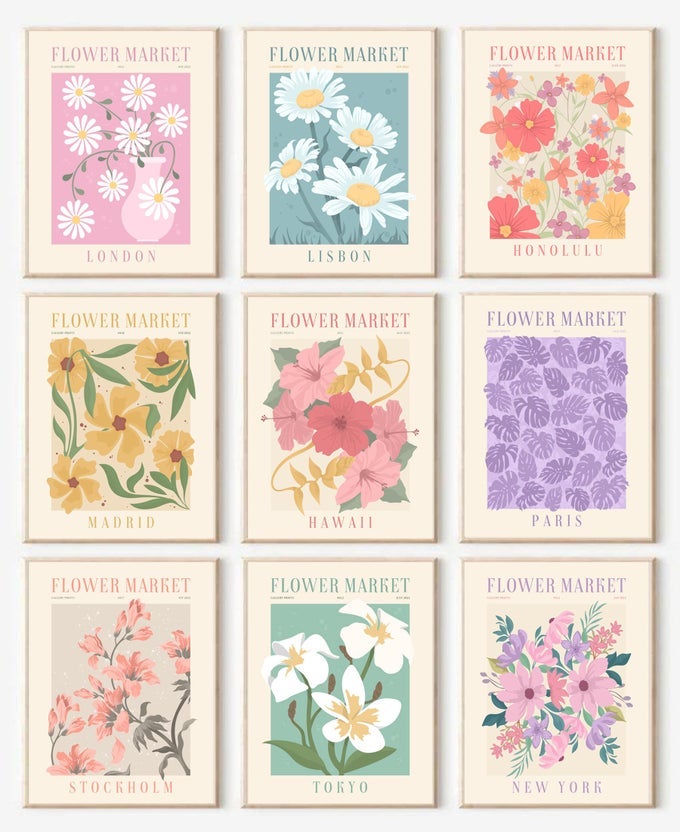 FLOWER MARKET POSTERS SET OF 9 MINIMALIST WALL ART PRINTS VINTAGE FLOWER PICTURES ABSTRACT CANVAS COLORFUL FLORAL PAINTING FOR LIVING ROOM BEDROOM DORM