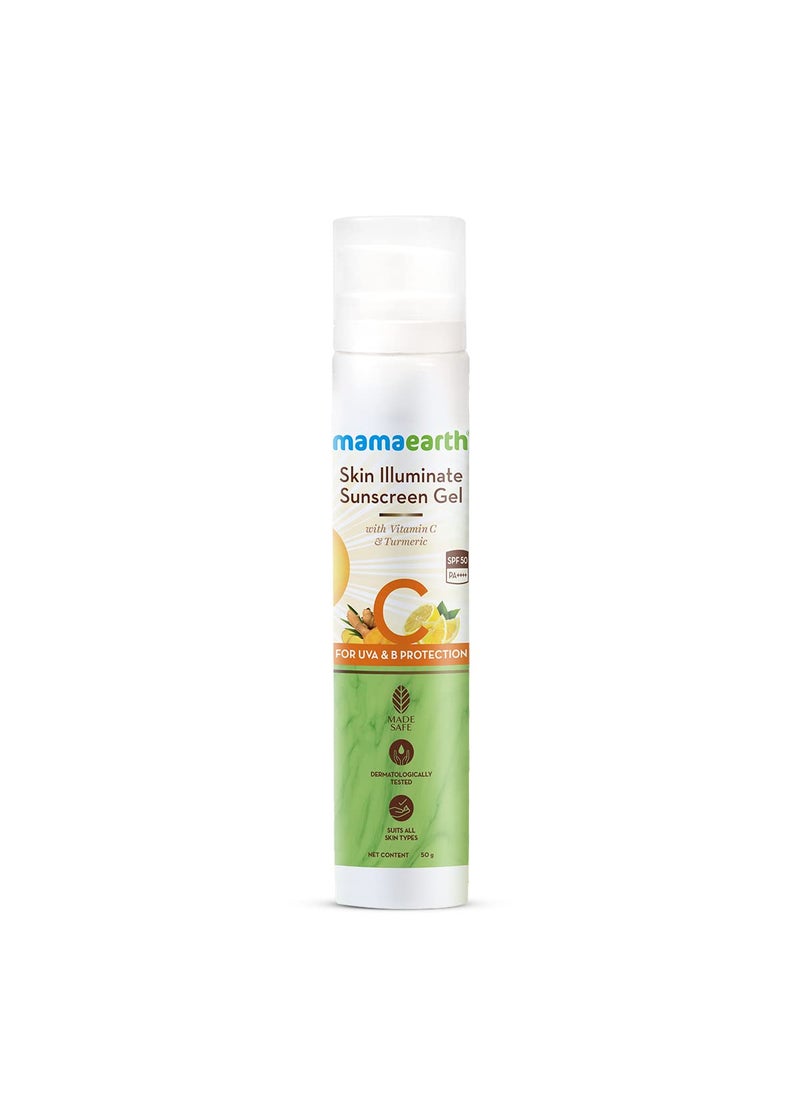 Mamaearth MAMAEARTH Skin Illuminate Sunscreen Gel with Vitamin C  Broad Spectrum SPF 50  PA  Reduces Tanning  Gives Long Lasting Sun Protection  No White Cast or Greasiness  176 Oz50g 